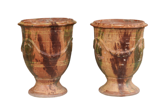 Pair of French 19th Century Anduze Jars with Brown and Green Glaze and Swags