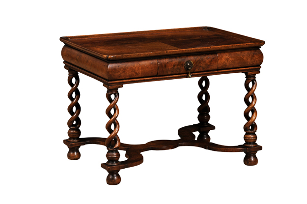English Queen Anne Style 1910 Burl Walnut Coffee Table with Bookmatched Tray Top