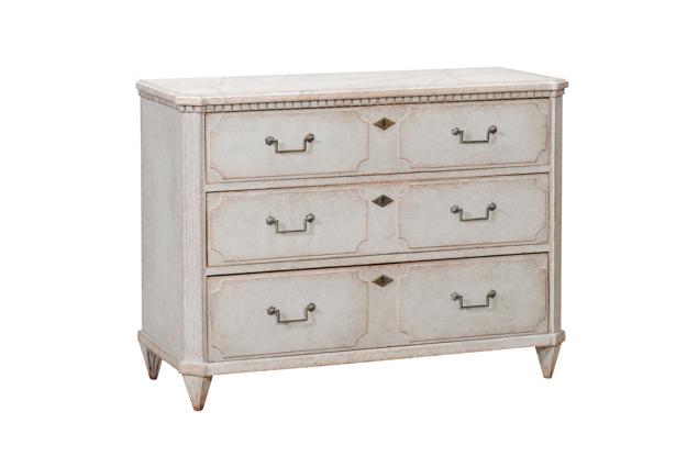 1860s Swedish Gustavian Style Painted Three-Drawer Chest with Dentil Molding DLW