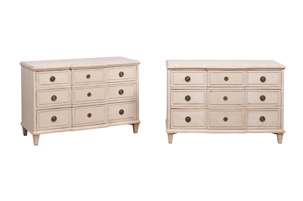 Gustavian Style Swedish Off White Painted Three-Drawer Breakfront Chests, a Pair DLW