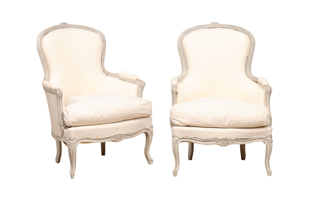 ON HOLD:  Rococo Style 1890s Swedish Light Grey Painted and Carved Bergères Chairs, a Pair