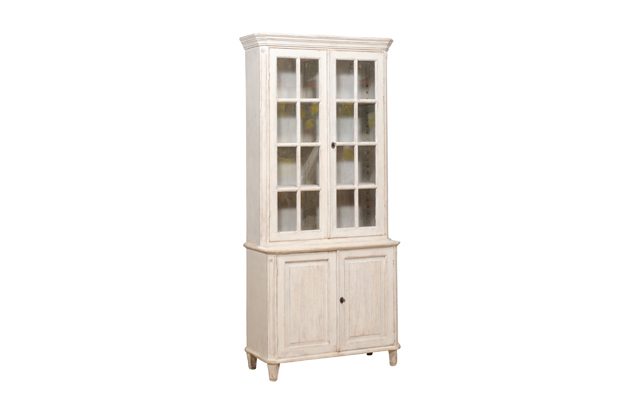 ON HOLD - Gustavian Style Swedish 19th Century Light Painted Two-part Vitrine Cabinet