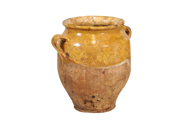 Rustic French Provincial Double Handled Pottery Pot à Confit with Yellow Glaze