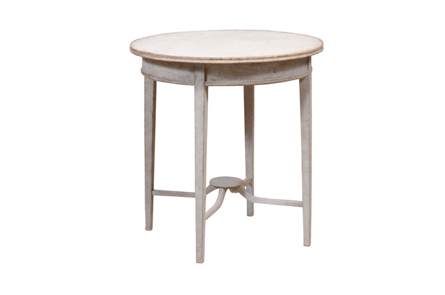 ON HOLD - Swedish Grey Painted Table with White Top, Tapered Legs and Cross Stretcher
