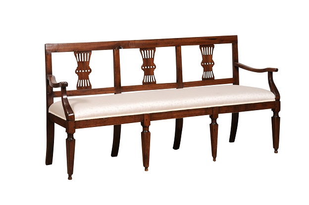 Italian 19th Century Walnut Three-Seater Bench with Carved Splats and Upholstery DLW