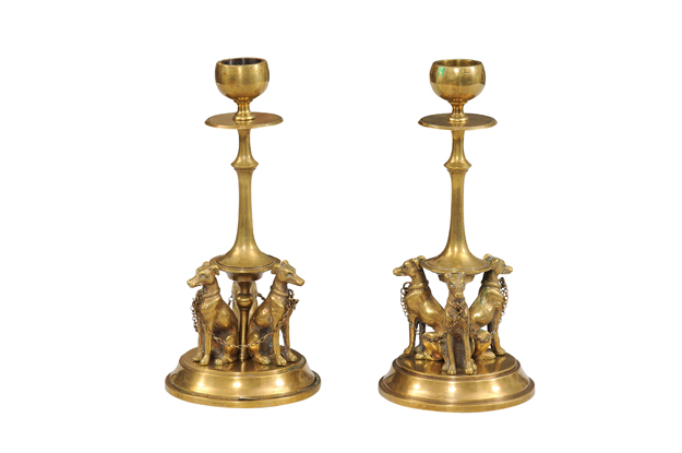 Pair of French 19th Century Bronze Candlesticks Decorated with Greyhound Dogs