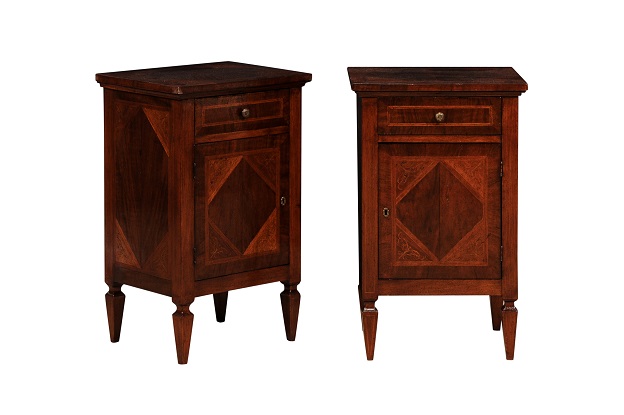 SOLD:  Italian 1900s Walnut and Mahogany Bedside Tables with Scrolling Marquetry