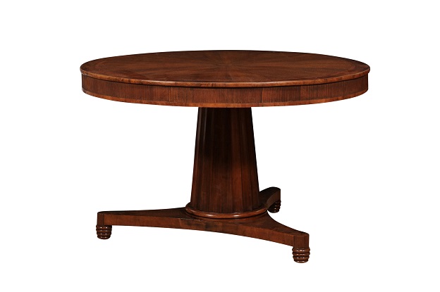 Italian 1900s Walnut Pedestal Center Table with Radiating Veneer Round Top