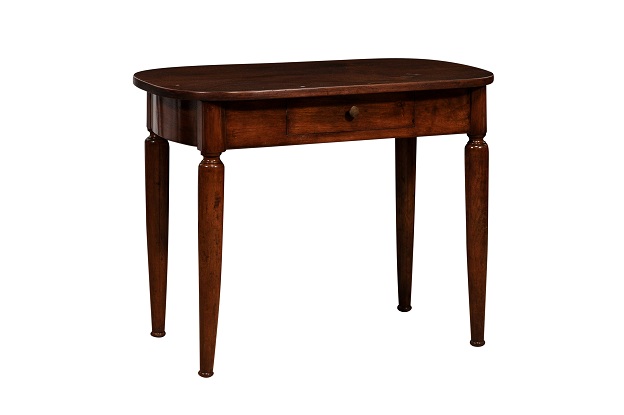 Italian Walnut 1890s Side Table with Oval Top, One Drawer and Cylindrical Legs DLW