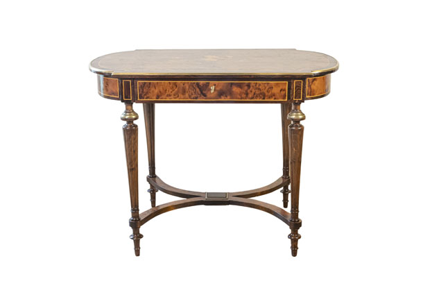 Italian 1890s Walnut, Mahogany and Brass Side Table with Floral Marquetry Décor