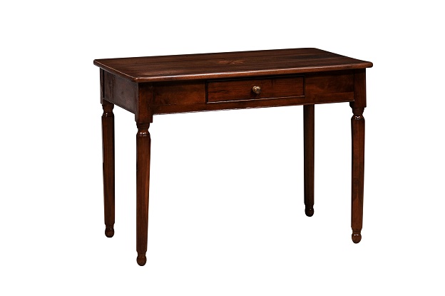 Italian 1890s Walnut Side Table with Elm Marquetry Star, Drawer and Turned Legs DLW