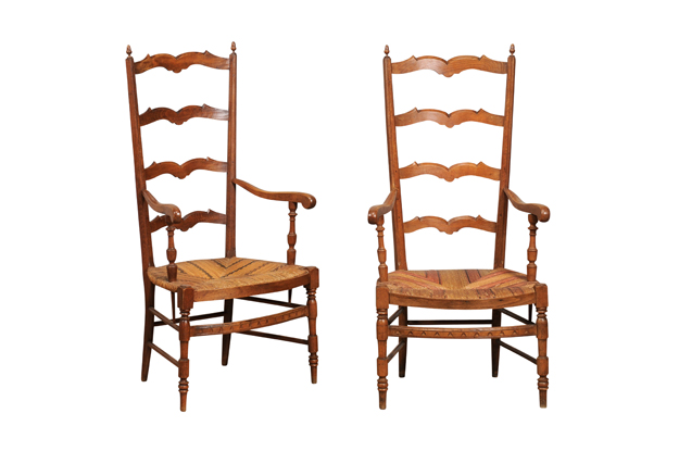 French 1890s Fruitwood Ladder Back Chairs with Straw Seats and Turned Legs
