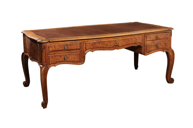 French Louis XV Style 19th Century Burr Walnut and Leather Top Four-Drawer Desk