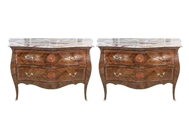 Pair of Italian Rococo Style 1900s Marble Top Bombé Commodes with Marquetry DLW