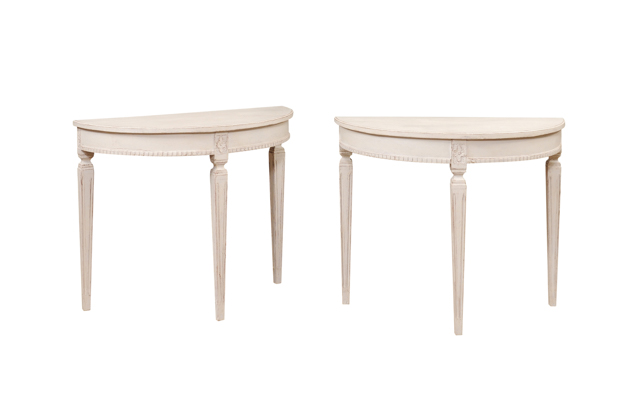 ON HOLD:  Gustavian Style 1880s Swedish Light Gray Painted Demilune Console Tables