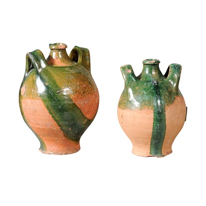 French 19th Century Pair of Green Glazed Pottery Jugs Circa 1850