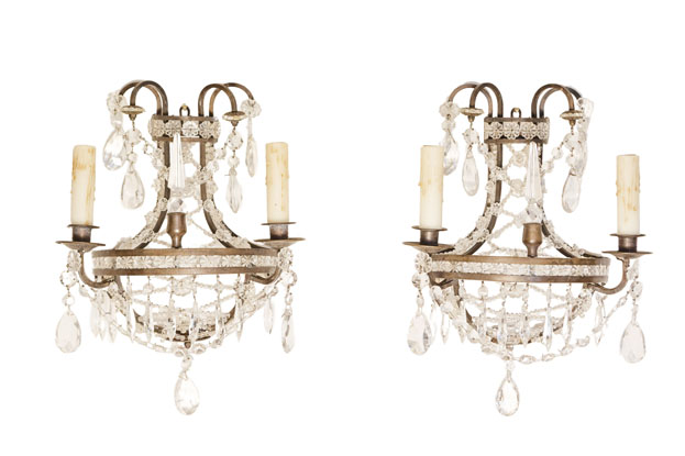 Pair of French Directoire Style Crystal Two-Light Sconces with Rosette Motifs