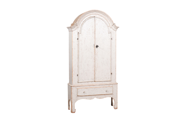 Swedish 19th Century Cabinet with Bonnet Top and Off White Painted Finish