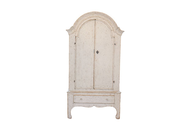 Swedish 19th Century Cabinet with Bonnet Top and Off White Painted Finish