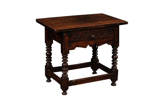 Spanish 1770s Walnut Side Table with Spool Legs and Rosettes Carved Drawer