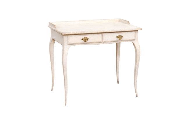 ON HOLD - Swedish Rococo Style 1880s Light Painted Desk with Two Drawers and Cabriole Legs