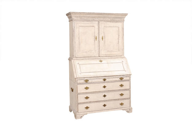 Swedish 1790s Gustavian Period Two-Part Painted Secretary with Slant Front Desk