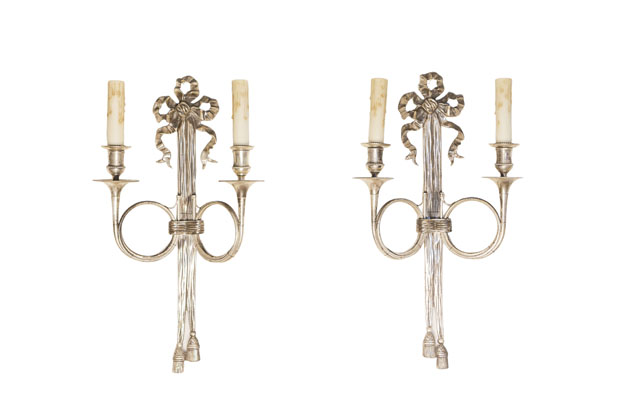 Pair of French Maison Baguès Inspired Silvered Bronze Sconces with Hunting Horns