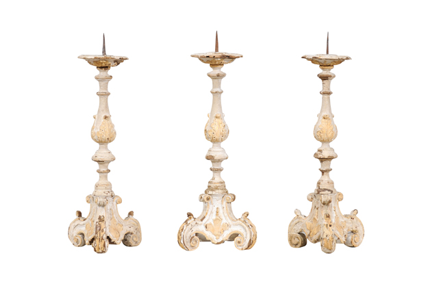 French Early 18th Century Rococo Gray and Cream Painted Candlesticks, Sold Each