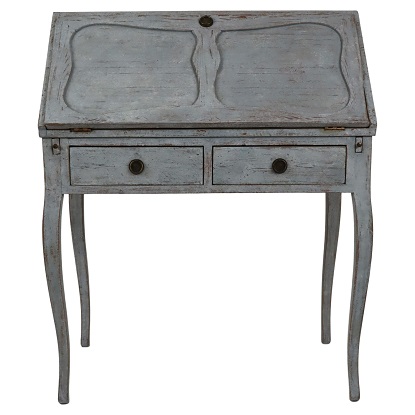 SOLD - Swedish 1880s Blue Gray Painted Slant Front Desk with Carved Panels and Drawers