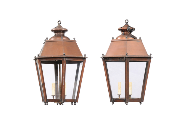 Pair of French Copper Three-Light Hexagonal Lanterns with Glass Panels, US Wired