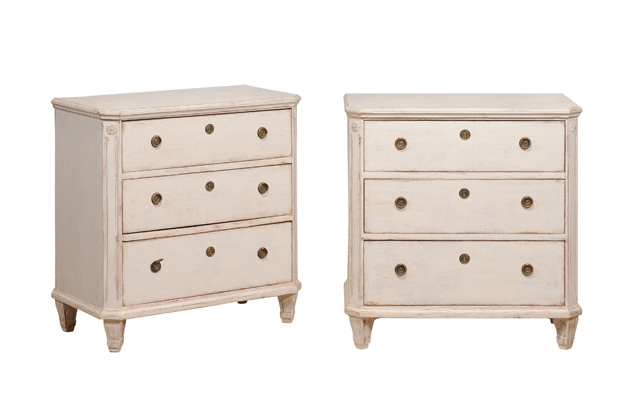 19th Century Swedish Gustavian Style Painted Three-Drawer Chests, a Pair -- LiL