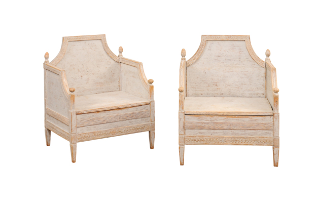 Neoclassical Style 1850s Gray Painted and Carved Armchairs with Guilloches, Pair