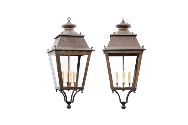 French Four-Light Glass and Copper US Wired Lanterns with Patina, Sold Each