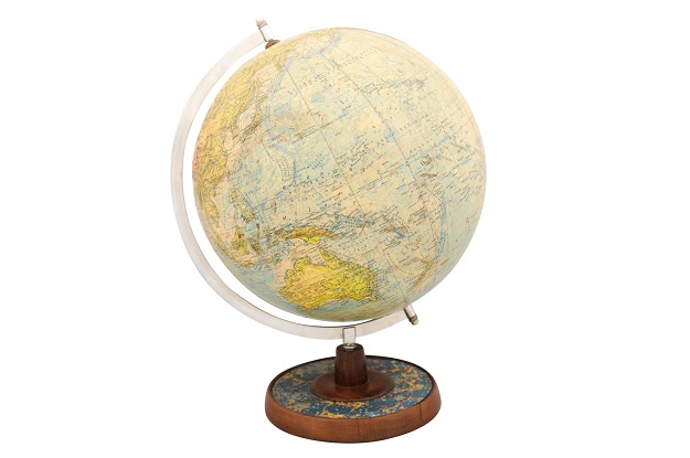 SOLD - German 1890s Terrestrial Globe on Wooden Base Signed Professor Dr. Arthur Krause