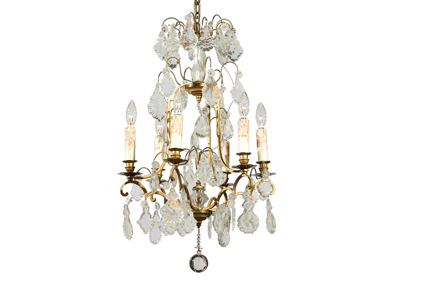 French Six-Light 1890s Crystal Chandelier with Brass Armature and Pendeloques
