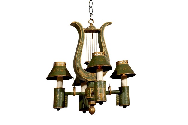 French Neoclassical Style Painted Tôle Four-Light Chandelier with Lyre Motif