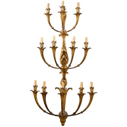 ON HOLD - French 1820s Gilt Metal 12-Light Three-Tiered Sconce with Foliage Motifs