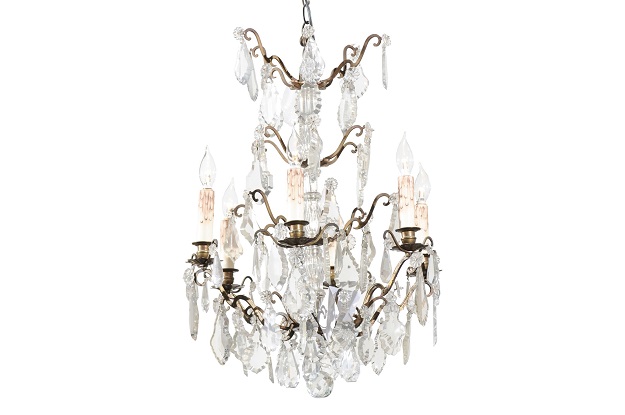 SOLD - French 1900s Six-Light Crystal Chandelier with Brass Armature and Pendeloques