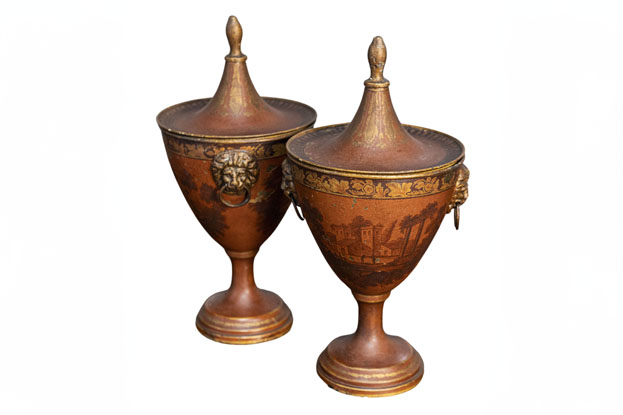 Pair of 19th Century Italian Napoleon III Lacquered Tin Vases with Lids 