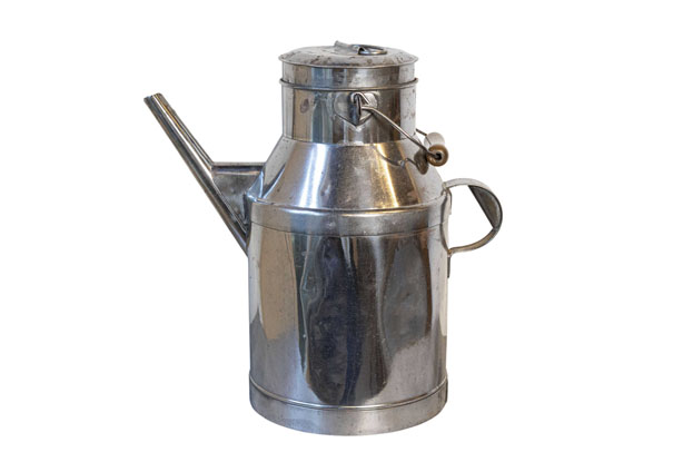 French 19th Century Metal Milk Can with Long Spout and Wooden Handle