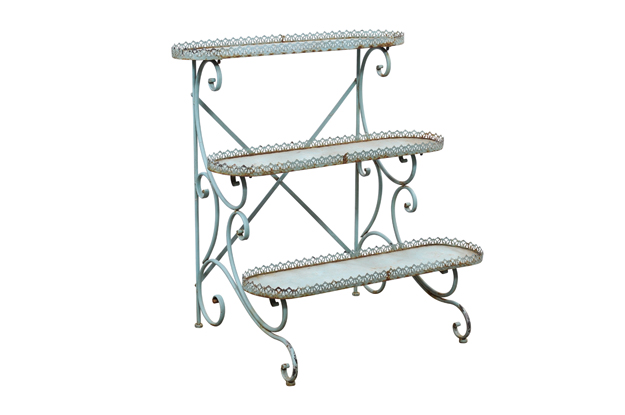 Northern French Blue Painted Iron Three-Tiered Flower Stand with Pierced Gallery
