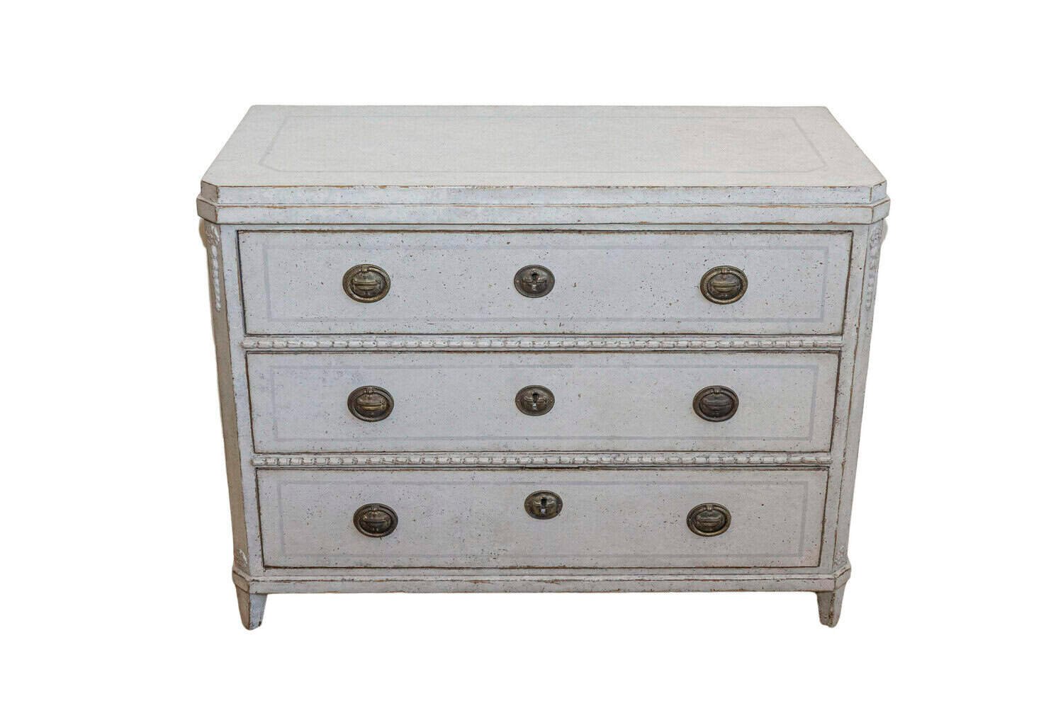 Swedish Gustavian Style 1860s Painted Wood Three-Drawer Chest with Carved Motifs