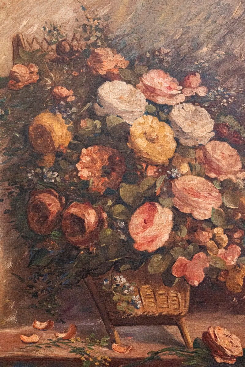 French 19th Century Oil on Canvas Still-Life Painting Depicting Roses in Basket - JAA