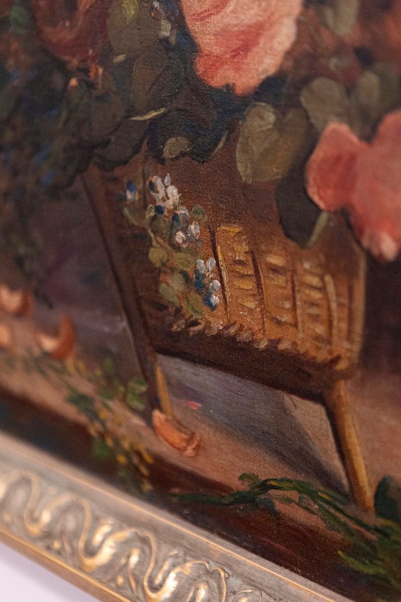 French 19th Century Oil on Canvas Still-Life Painting Depicting Roses in Basket - JAA