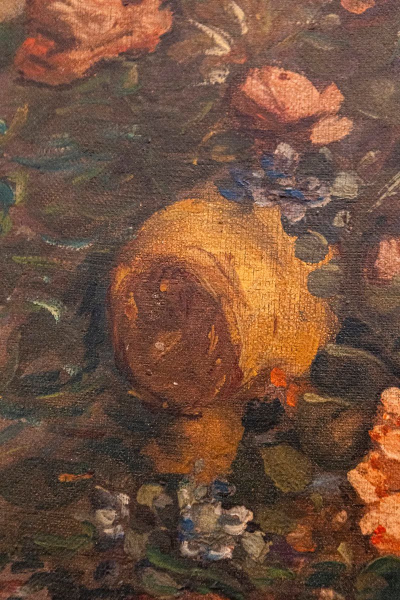 French 19th Century Oil on Canvas Still-Life Painting Depicting Roses in Basket - JAA