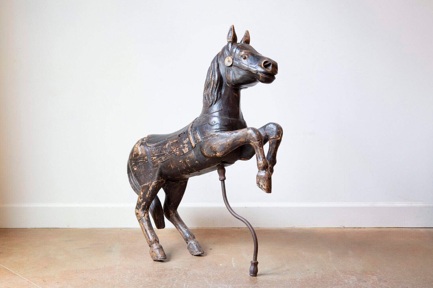 French Late 19th Century Carved Carousel Prancing Horse Sculpture with Patina - JAA