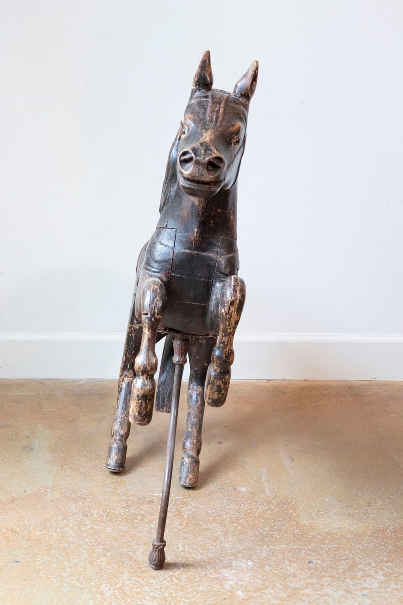 French Late 19th Century Carved Carousel Prancing Horse Sculpture with Patina - JAA