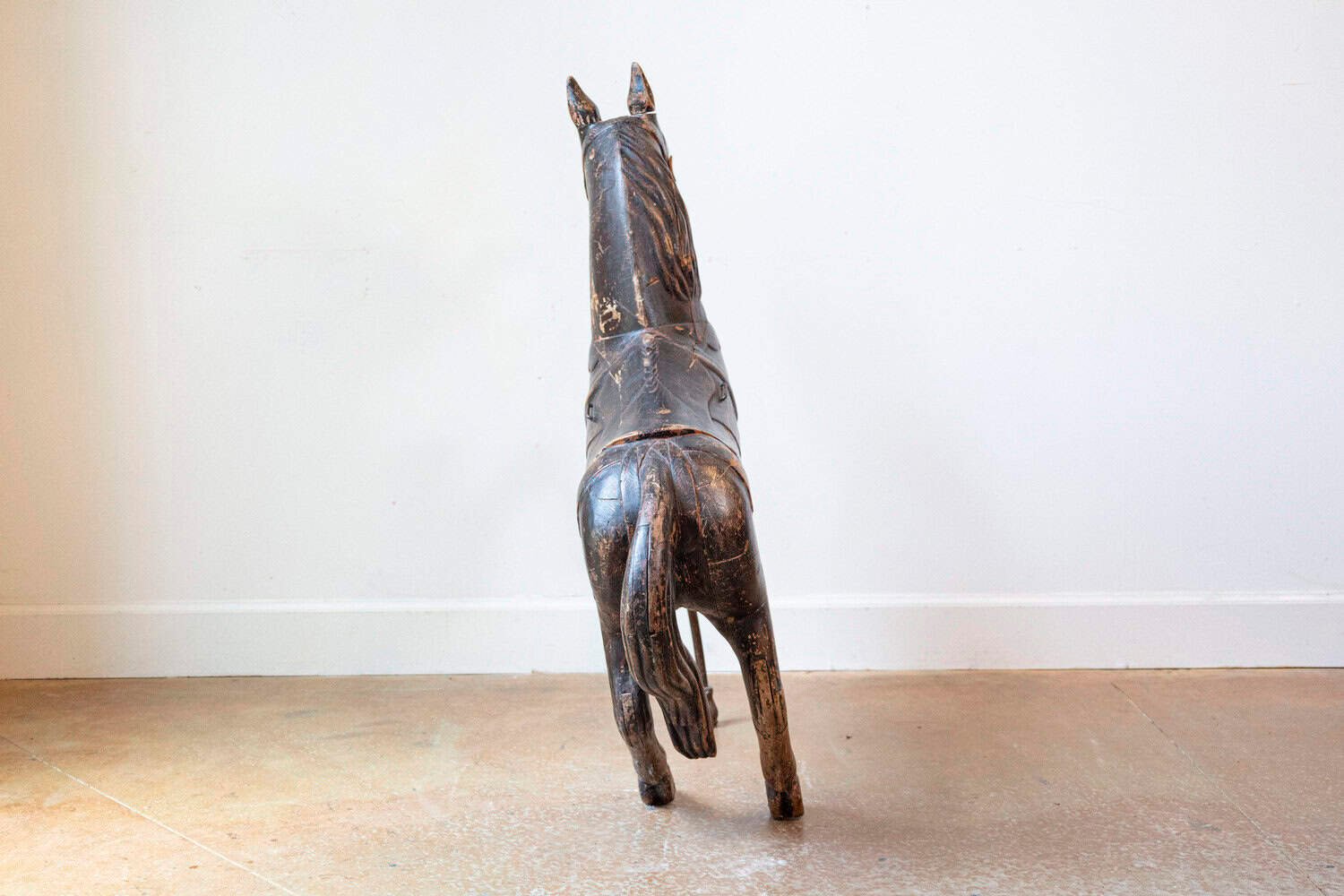 French Late 19th Century Carved Carousel Prancing Horse Sculpture with Patina - JAA