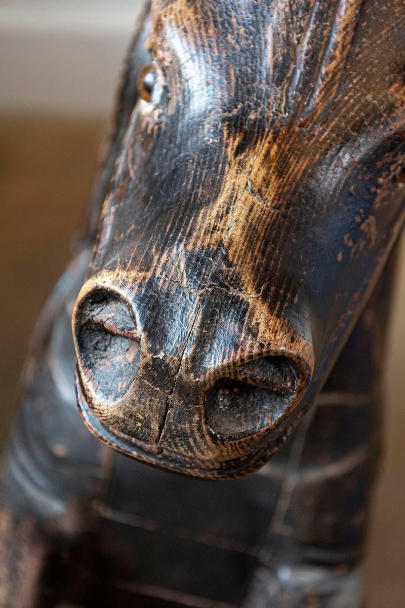 French Late 19th Century Carved Carousel Prancing Horse Sculpture with Patina - JAA