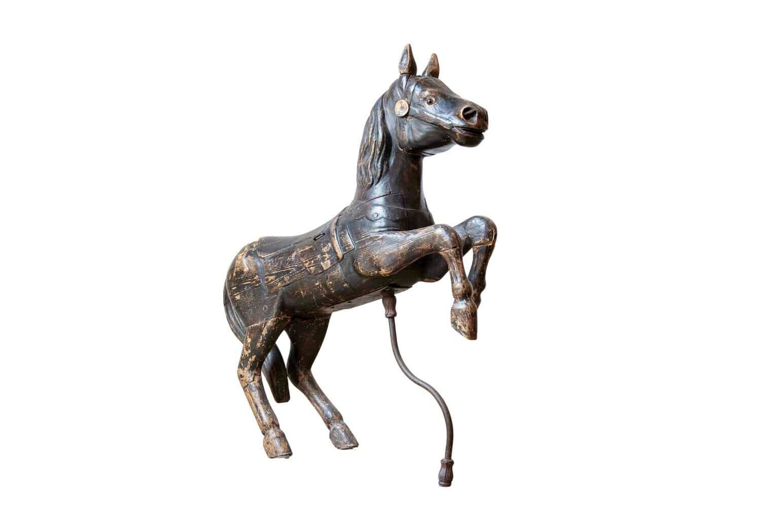 French Late 19th Century Carved Carousel Prancing Horse Sculpture with Patina - JAA